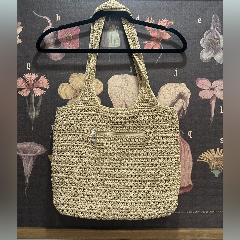 The Sak Brown Khaki Tan Woven Crochet Shoulder Bag Tote Purse